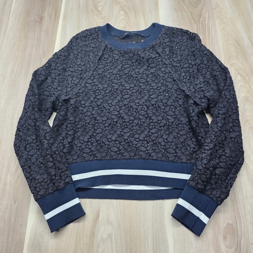 Zara Woman Lace Top Navy Blue Sheer Floral Sporty Stripe Ribbed Small Womens‎